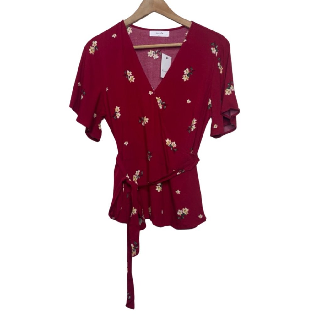 ELODIE | NWT Burgundy Floral Short Flutter Sleeve Wrap Top | Size L